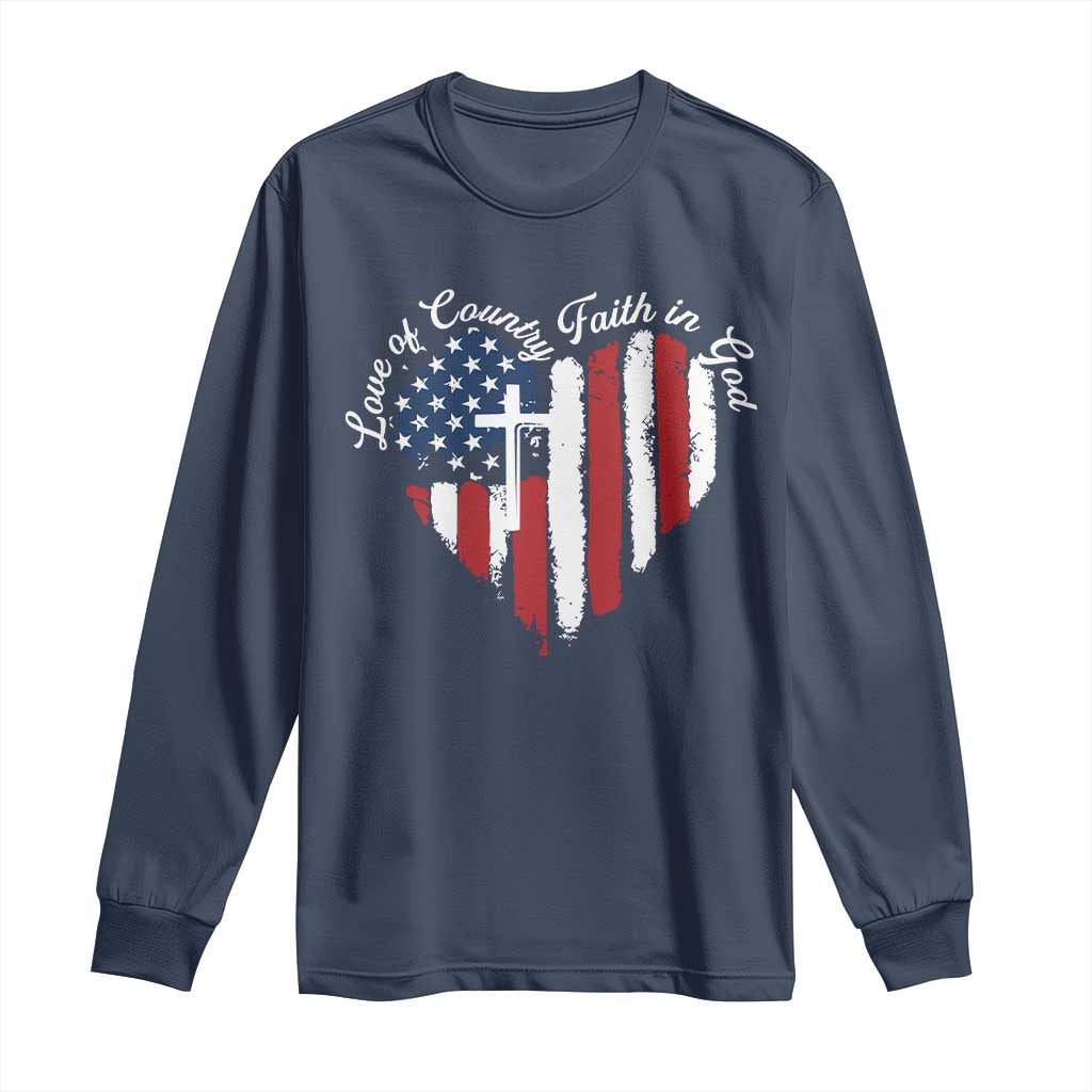 Patriotic Christian Long Sleeve Shirt Faith In God Heart Cross Flag 4th Of July Religious - Wonder Print Shop