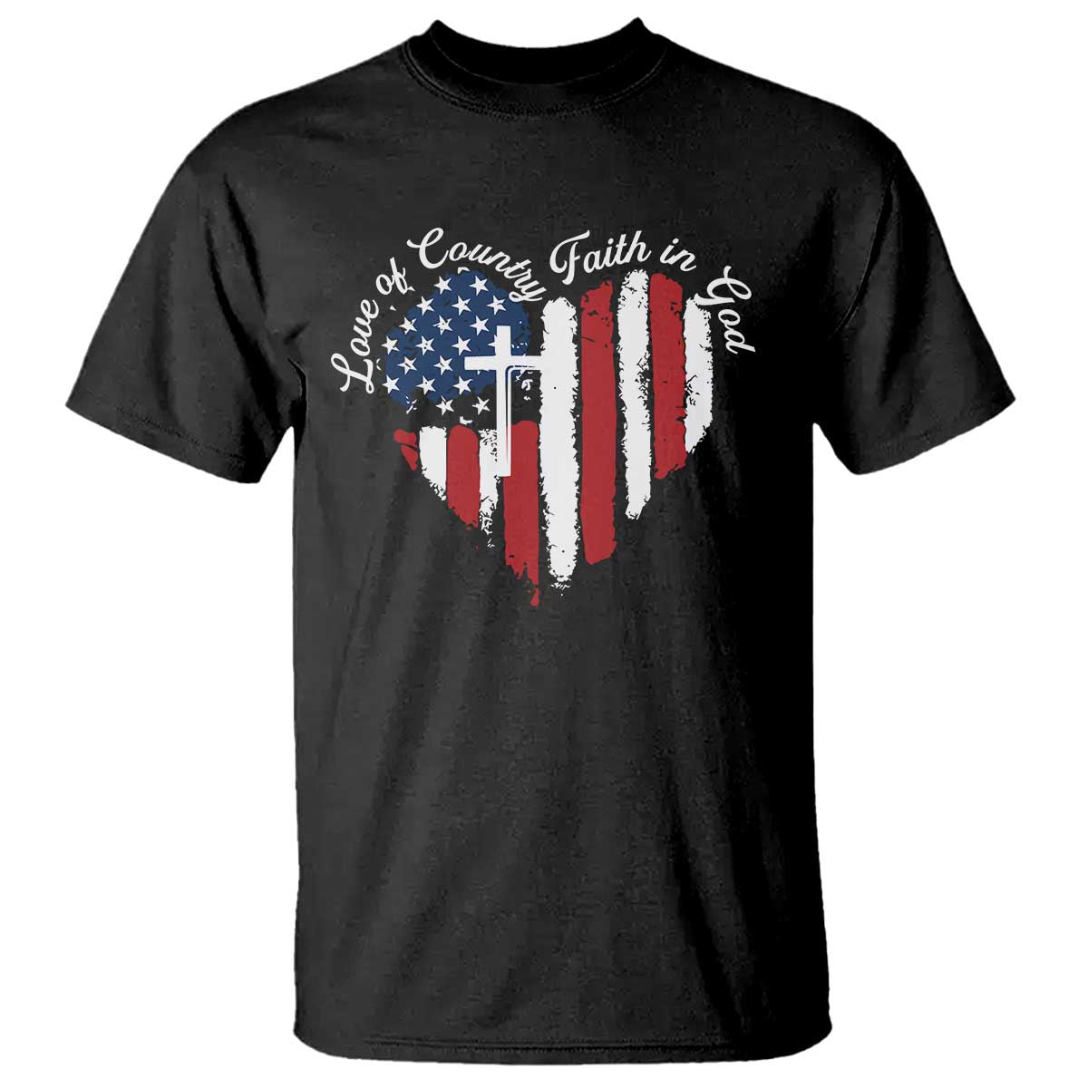 Patriotic Christian T Shirt Faith In God Heart Cross Flag 4th Of July Religious - Wonder Print Shop
