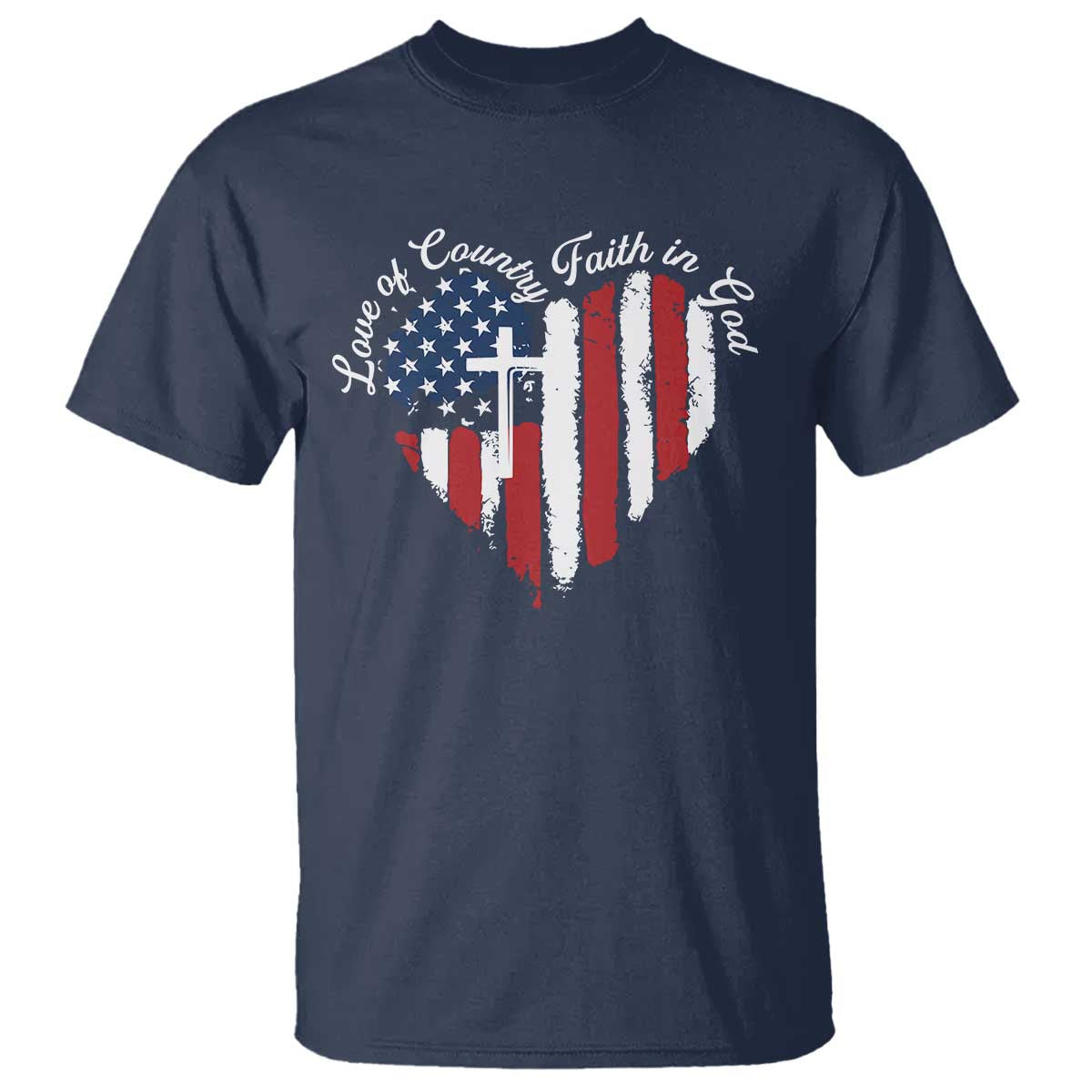 Patriotic Christian T Shirt Faith In God Heart Cross Flag 4th Of July Religious - Wonder Print Shop