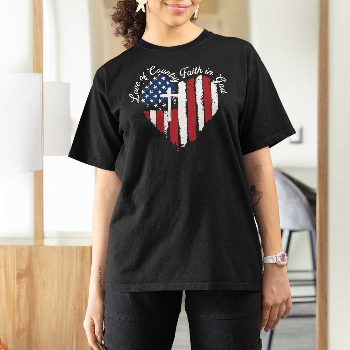Patriotic Christian T Shirt For Women Faith In God Heart Cross Flag 4th Of July Religious - Wonder Print Shop