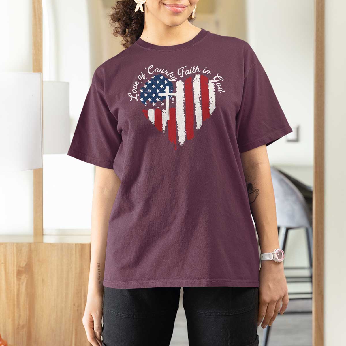 Patriotic Christian T Shirt For Women Faith In God Heart Cross Flag 4th Of July Religious - Wonder Print Shop
