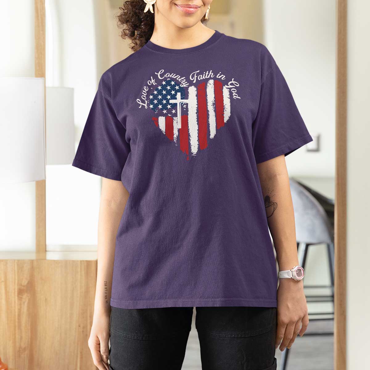 Patriotic Christian T Shirt For Women Faith In God Heart Cross Flag 4th Of July Religious - Wonder Print Shop