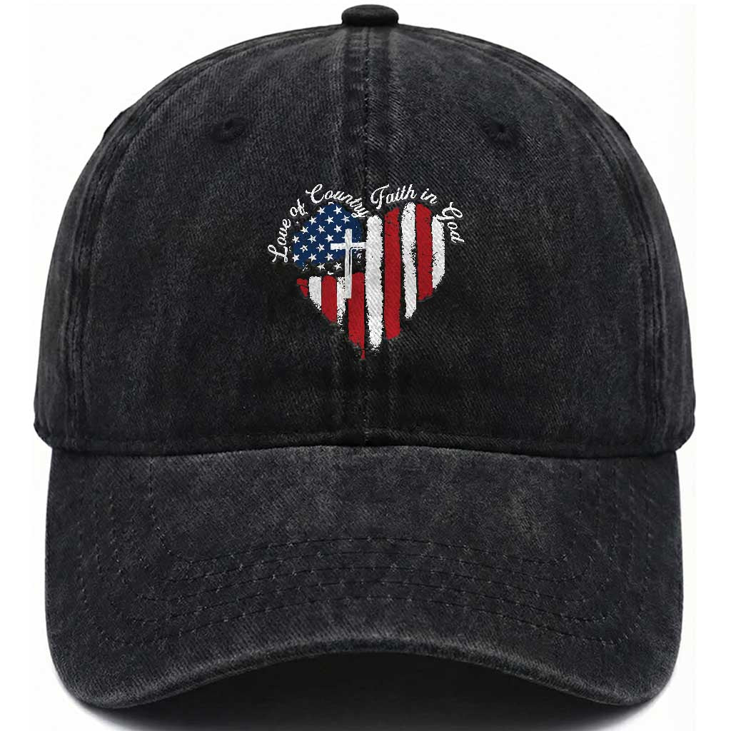 Patriotic Christian Washed Cotton Baseball Cap Faith In God Heart Cross Flag 4th Of July Religious