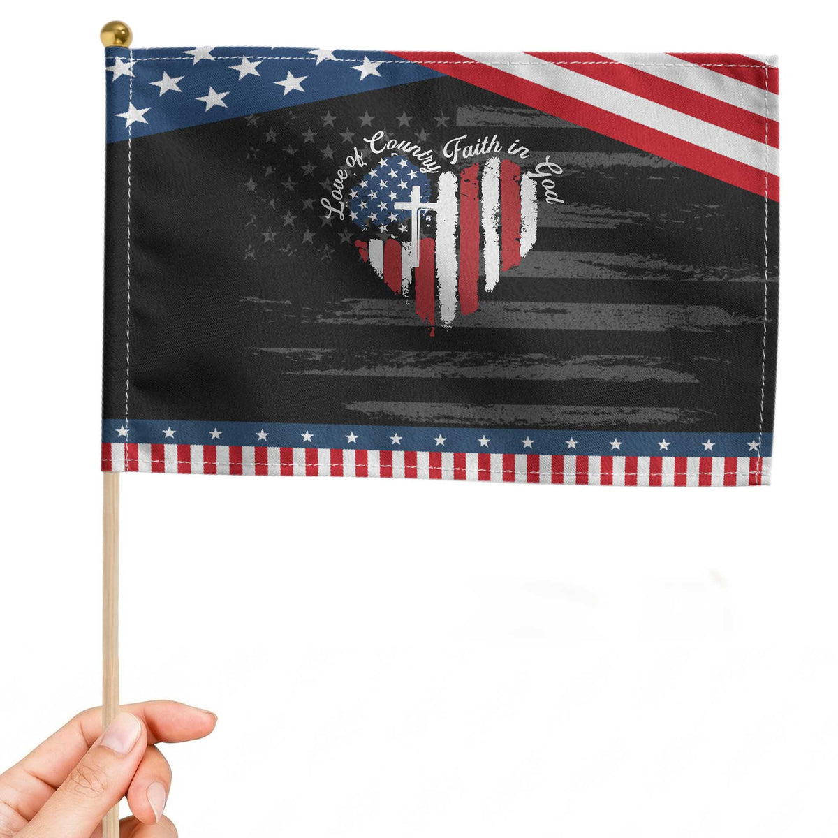 Christian Patriotic Handheld Flag Faith In God Heart Cross Flag 4th Of July Religious