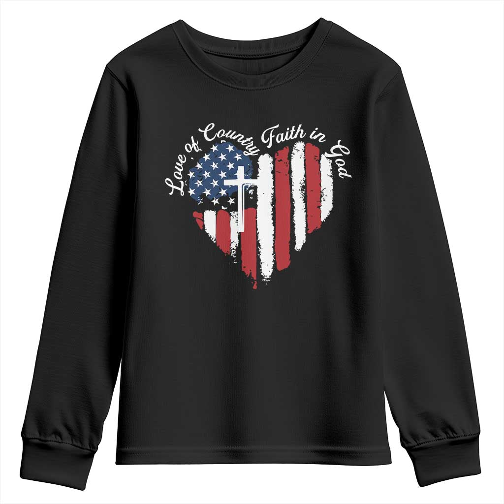 Patriotic Christian Youth Sweatshirt Faith In God Heart Cross Flag 4th Of July Religious - Wonder Print Shop