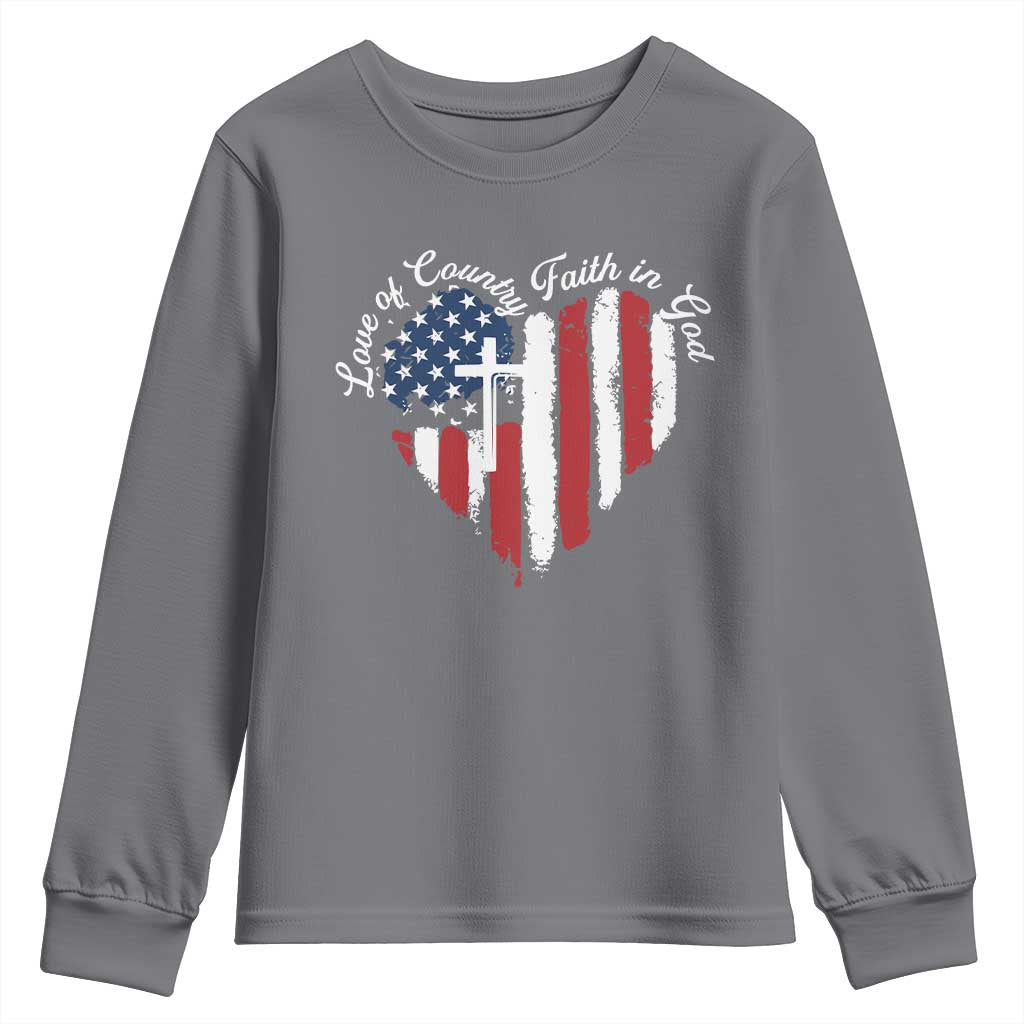 Patriotic Christian Youth Sweatshirt Faith In God Heart Cross Flag 4th Of July Religious - Wonder Print Shop
