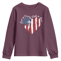 Patriotic Christian Youth Sweatshirt Faith In God Heart Cross Flag 4th Of July Religious - Wonder Print Shop