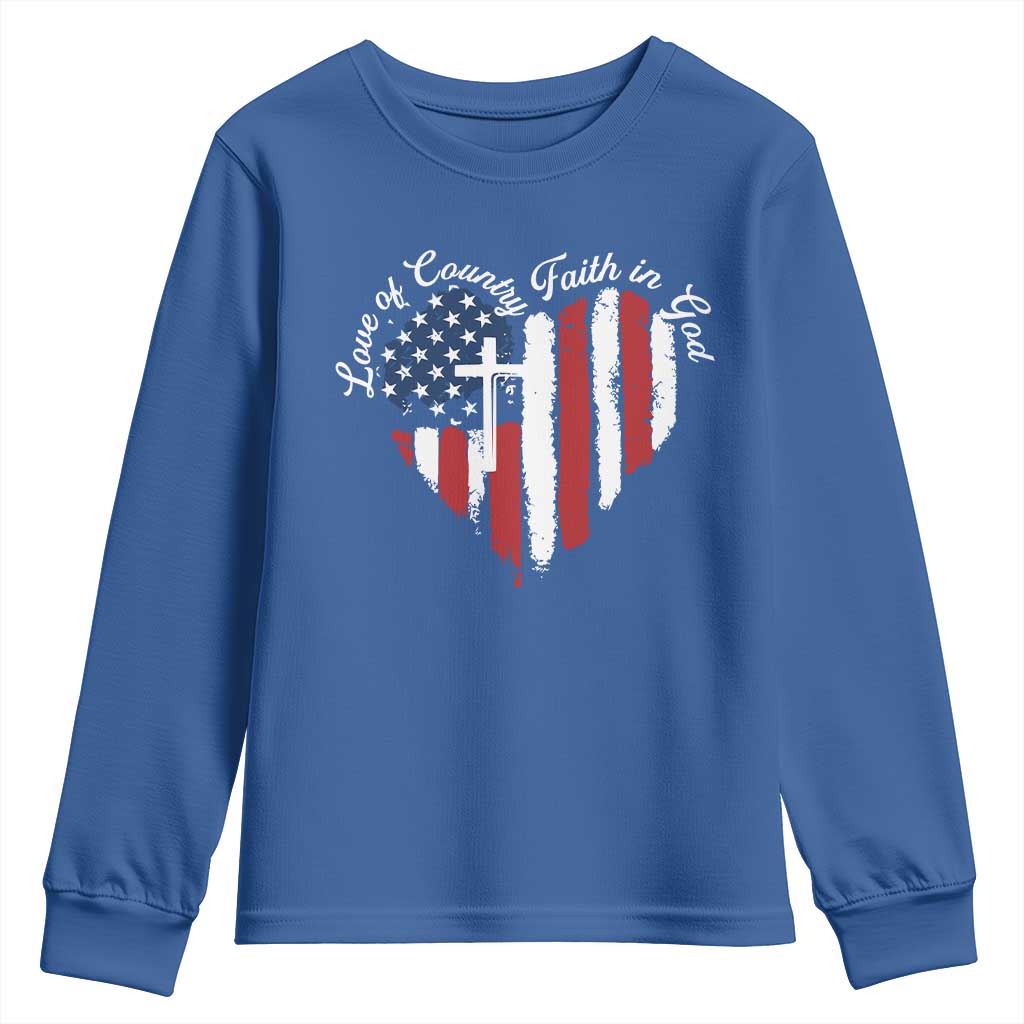 Patriotic Christian Youth Sweatshirt Faith In God Heart Cross Flag 4th Of July Religious - Wonder Print Shop