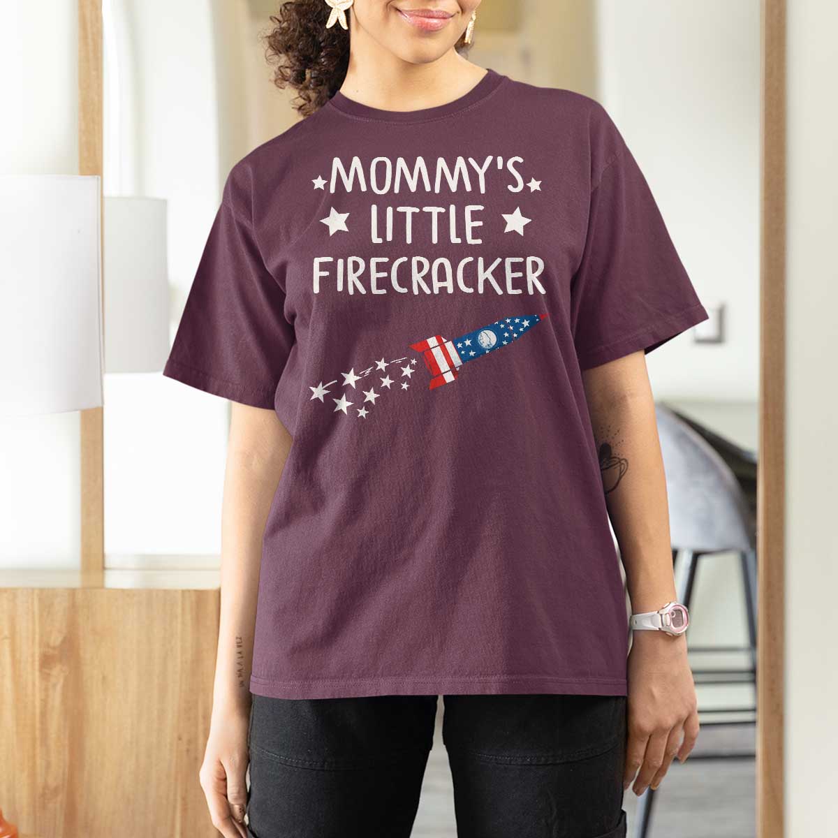 Mommy's Little Firecracker 4th of July T Shirt For Women Patriotic American Flag - Wonder Print Shop