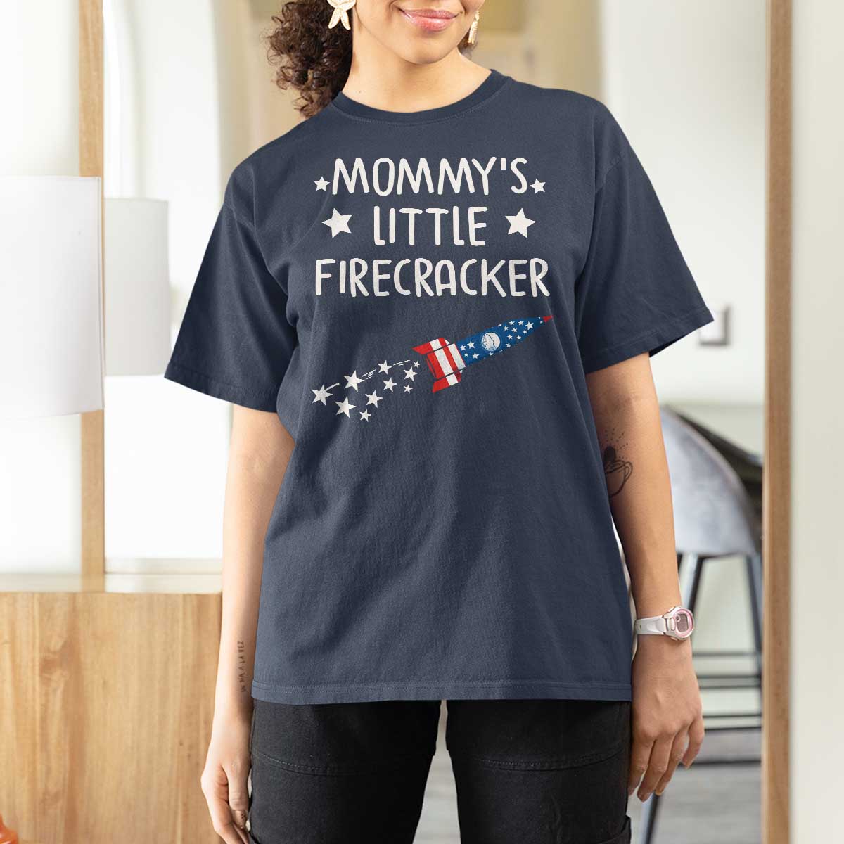 Mommy's Little Firecracker 4th of July T Shirt For Women Patriotic American Flag - Wonder Print Shop