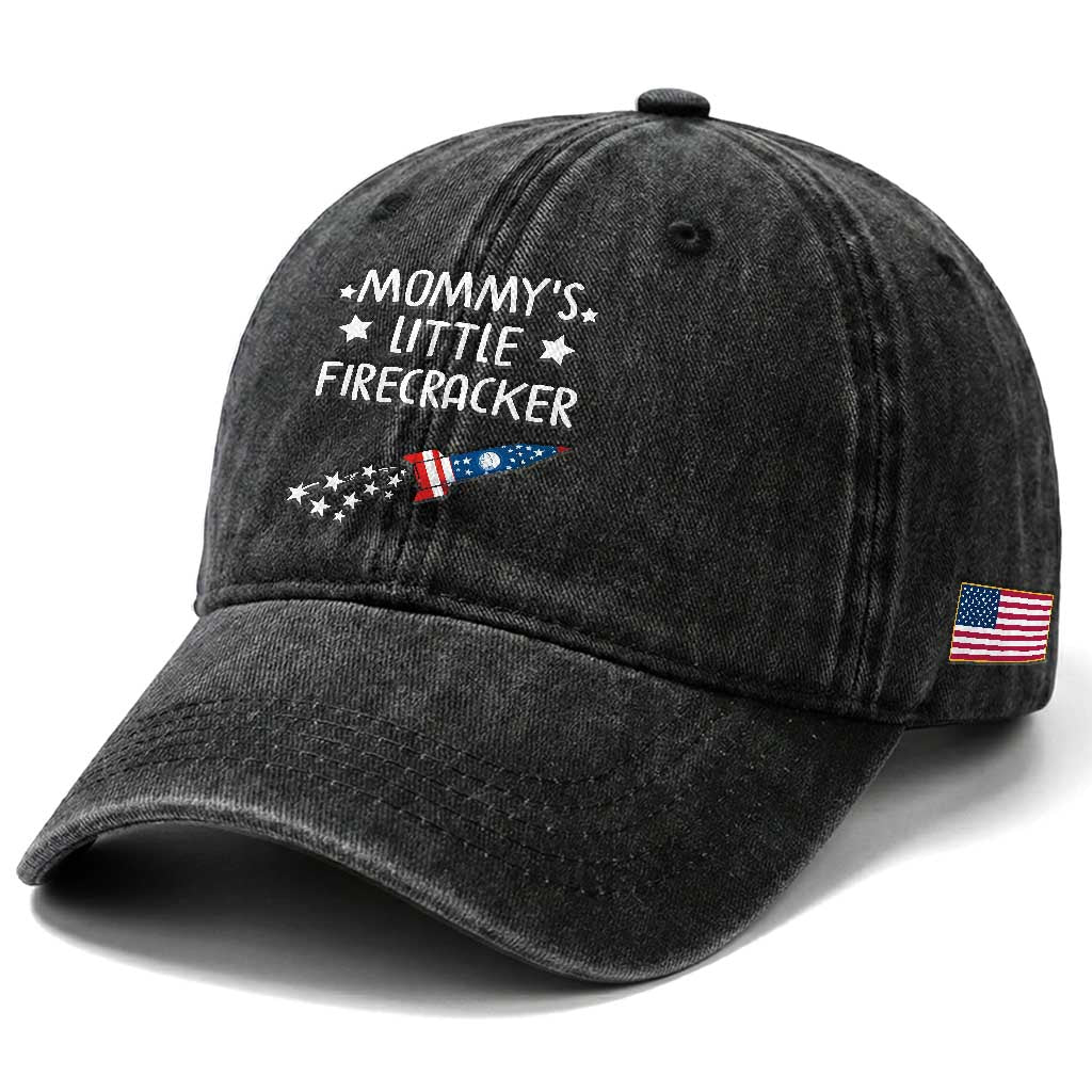 Mommy's Little Firecracker 4th of July Washed Cotton Baseball Cap Patriotic American Flag