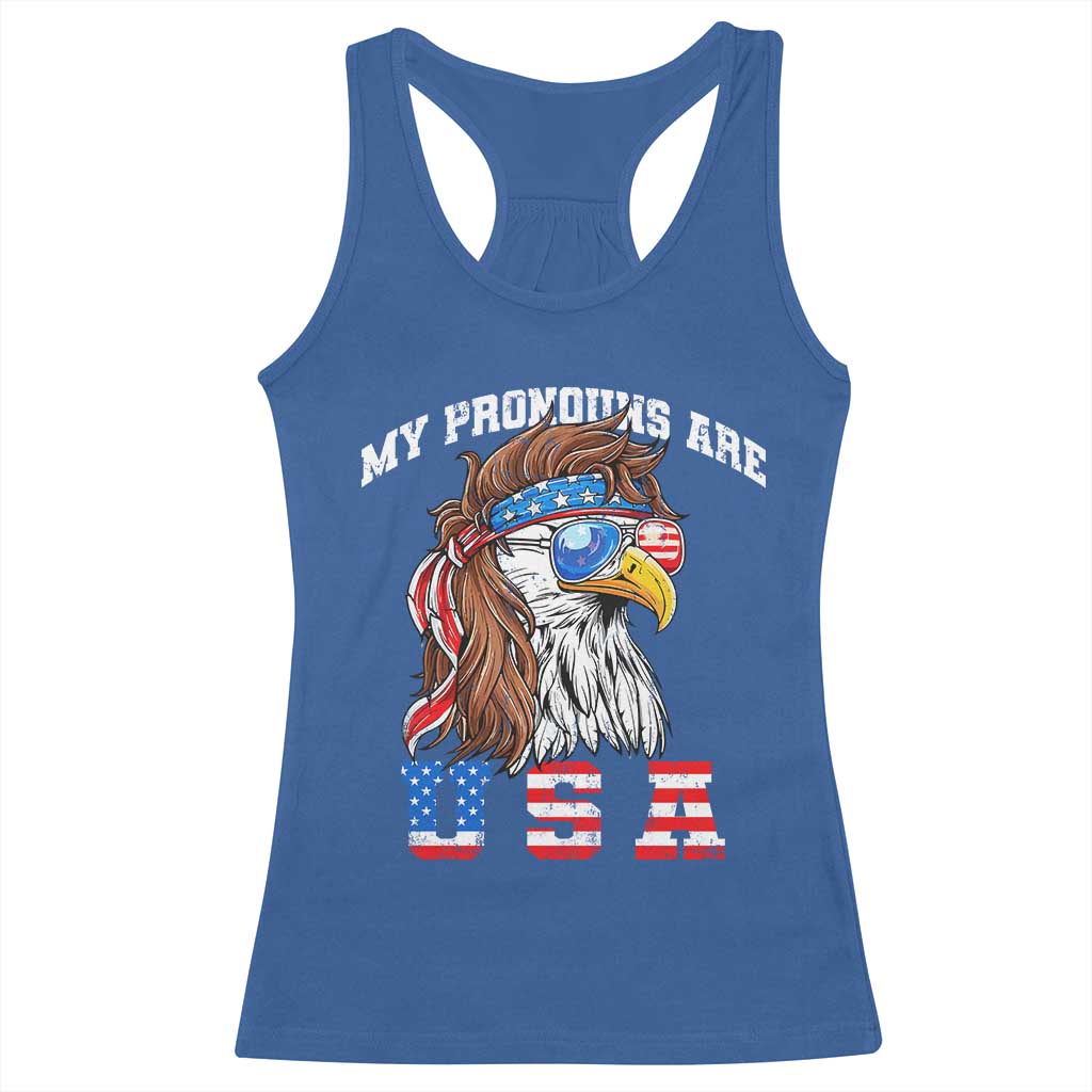 Funny 4th of July Racerback Tank Top My Pronouns Are USA Eagle American - Wonder Print Shop