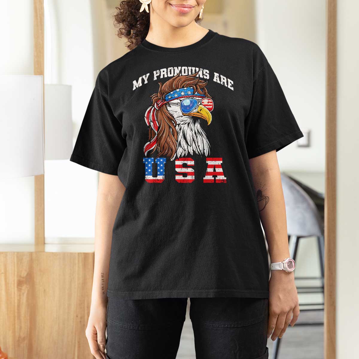 Funny 4th of July T Shirt For Women My Pronouns Are USA Eagle American - Wonder Print Shop
