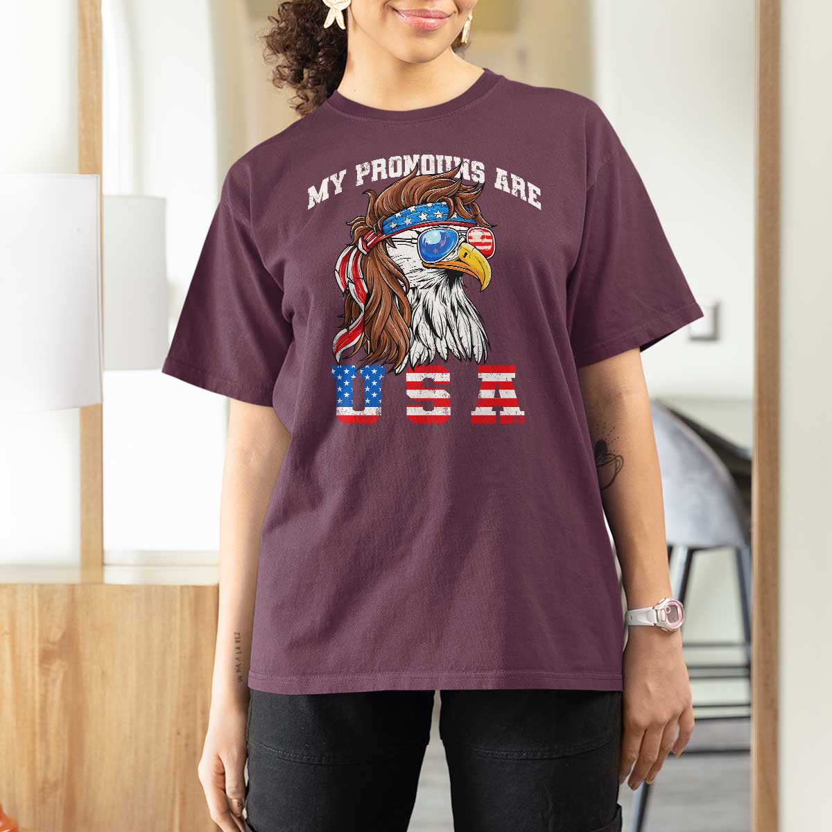 Funny 4th of July T Shirt For Women My Pronouns Are USA Eagle American - Wonder Print Shop