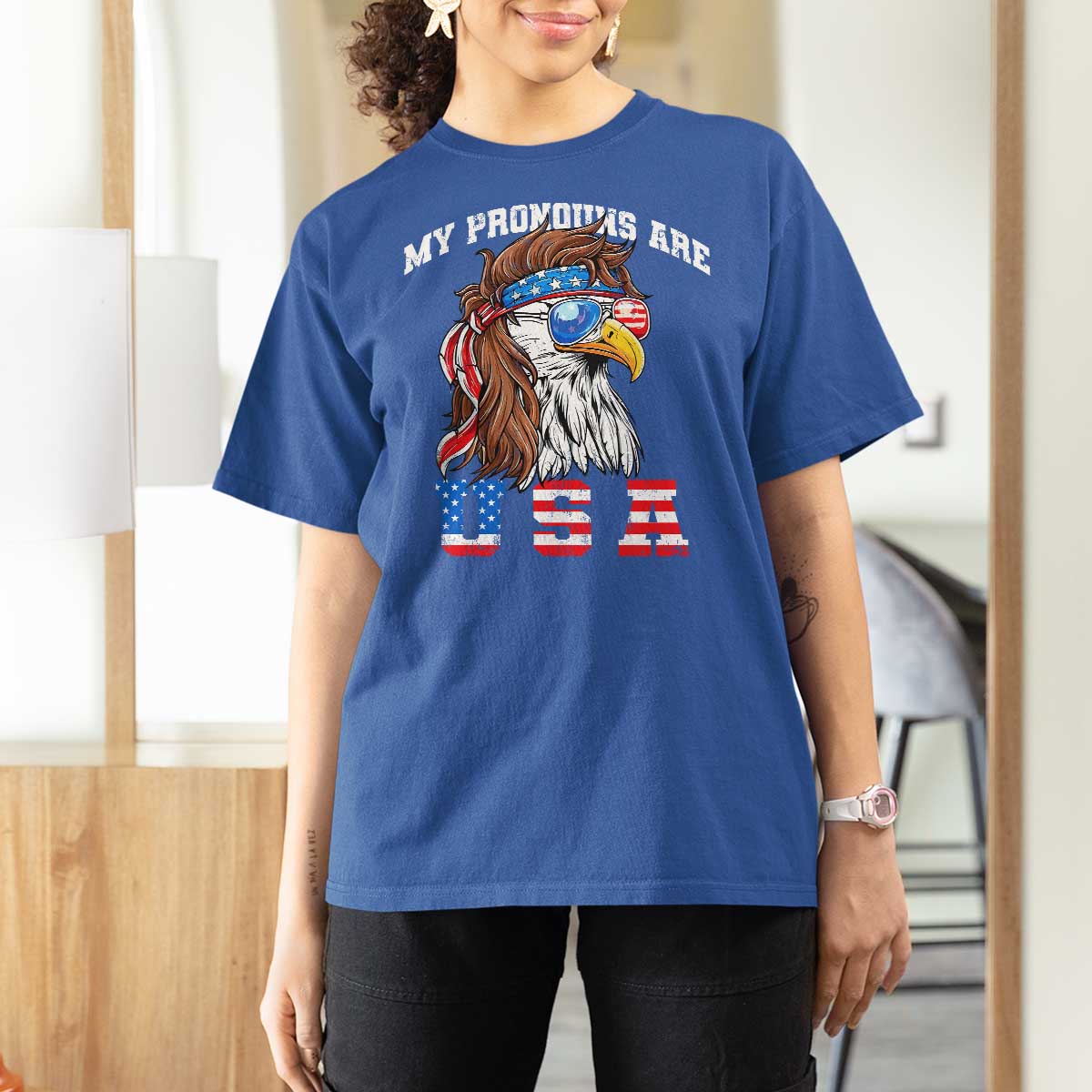 Funny 4th of July T Shirt For Women My Pronouns Are USA Eagle American - Wonder Print Shop
