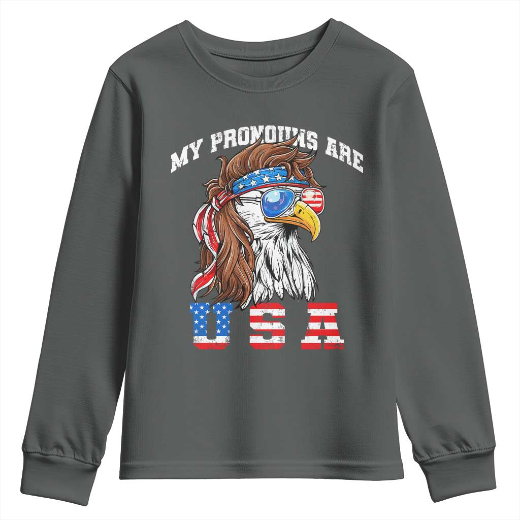Funny 4th of July Youth Sweatshirt My Pronouns Are USA Eagle American - Wonder Print Shop