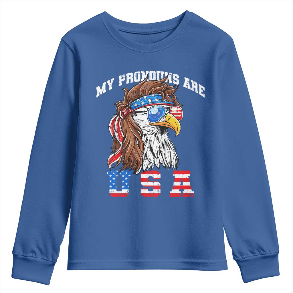 Funny 4th of July Youth Sweatshirt My Pronouns Are USA Eagle American - Wonder Print Shop