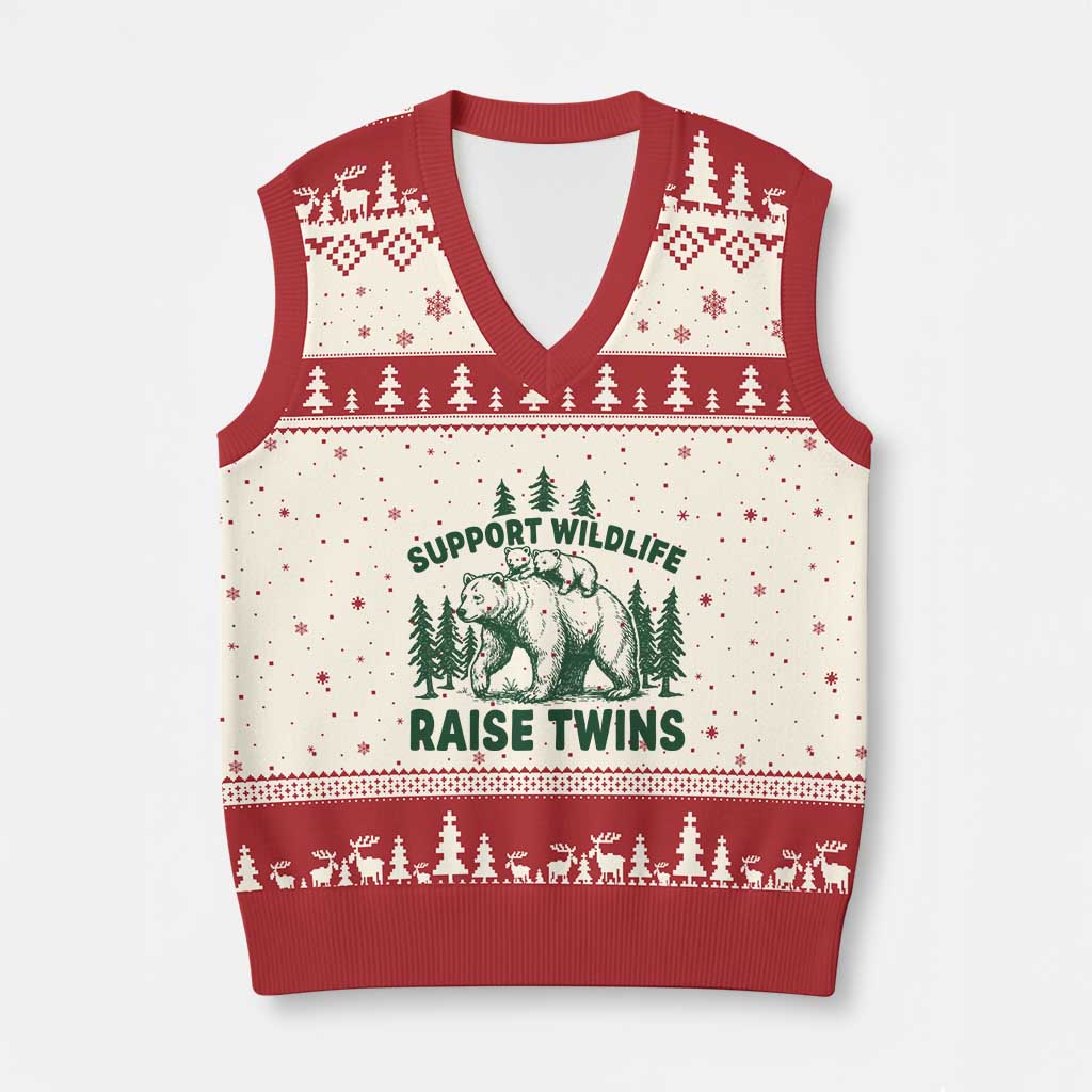 Support Wildlife Raise Twins V-Neck Knit Sweater Vest Twin Parent Mom Dad Bear Family