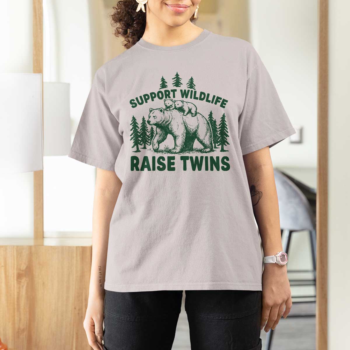 Support Wildlife Raise Twins T Shirt For Women Twin Parent Mom Dad Bear Family