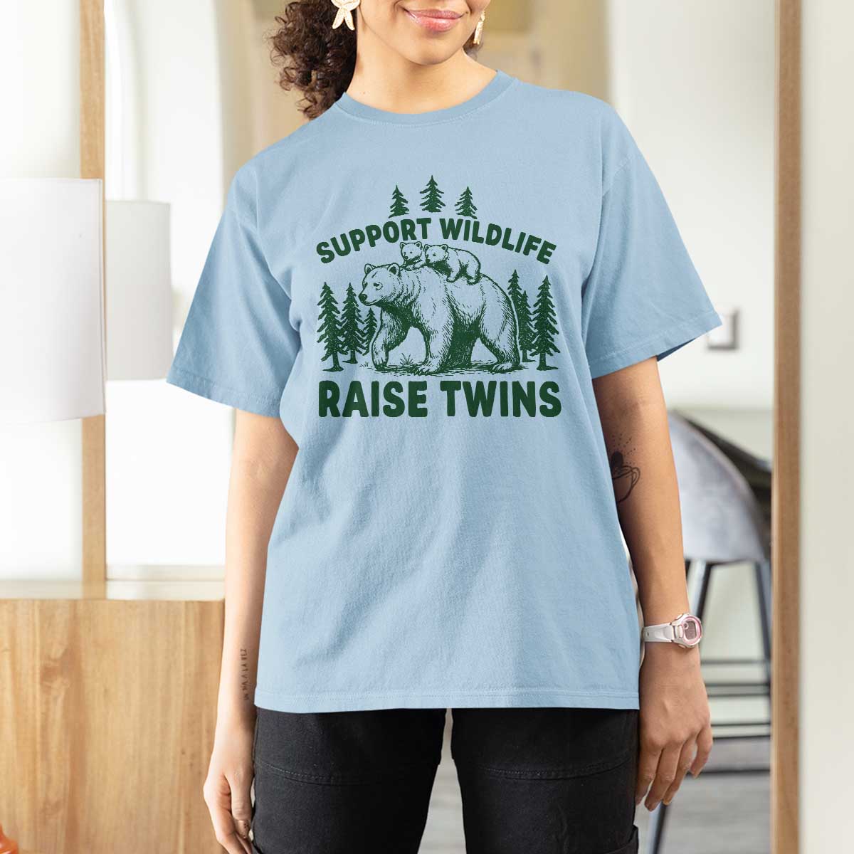 Support Wildlife Raise Twins T Shirt For Women Twin Parent Mom Dad Bear Family
