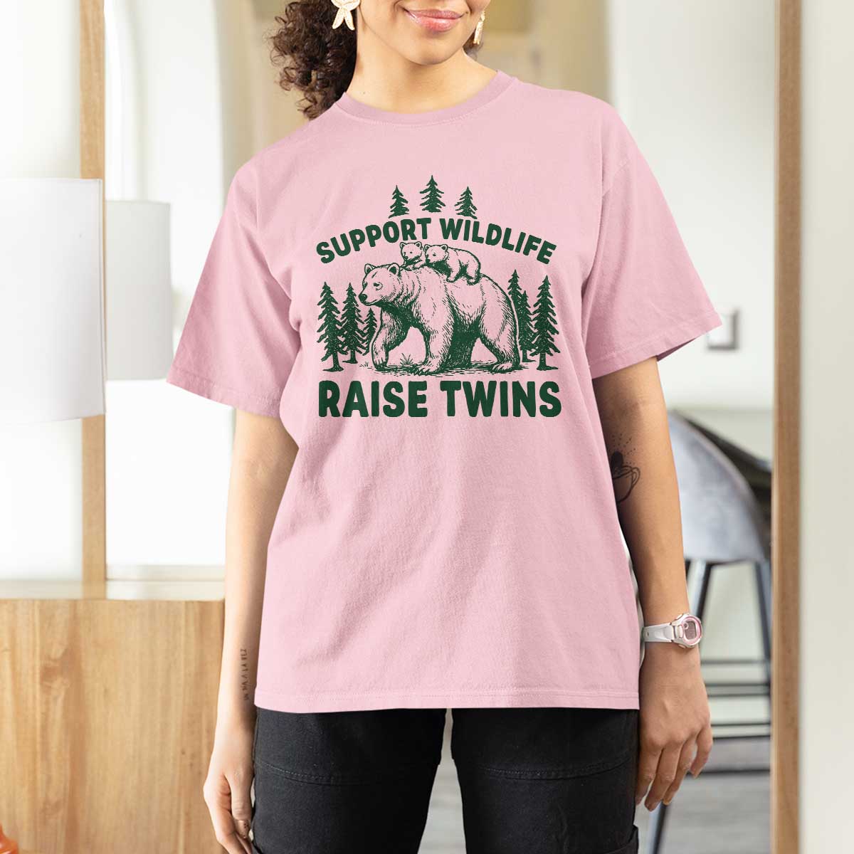 Support Wildlife Raise Twins T Shirt For Women Twin Parent Mom Dad Bear Family