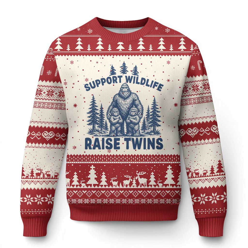Support Wildlife Raise Twins Ugly Christmas Sweater Twin Dad Mom Parent Bigfoot Family