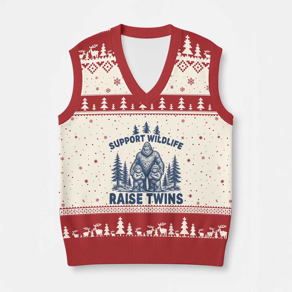 Support Wildlife Raise Twins V-Neck Knit Sweater Vest Twin Dad Mom Parent Bigfoot Family