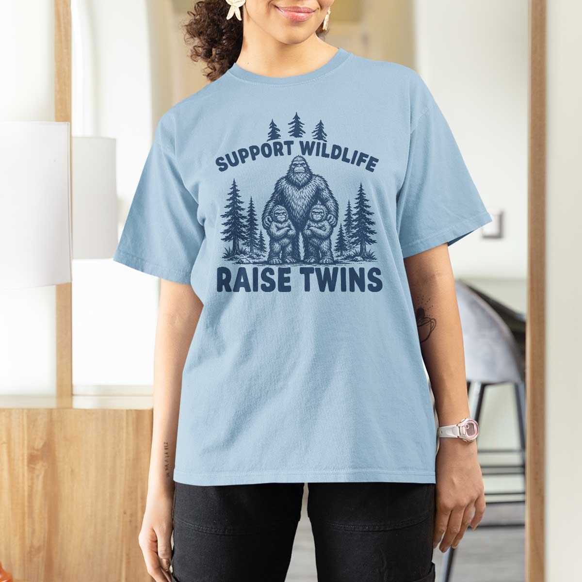 Support Wildlife Raise Twins T Shirt For Women Twin Dad Mom Parent Bigfoot Family