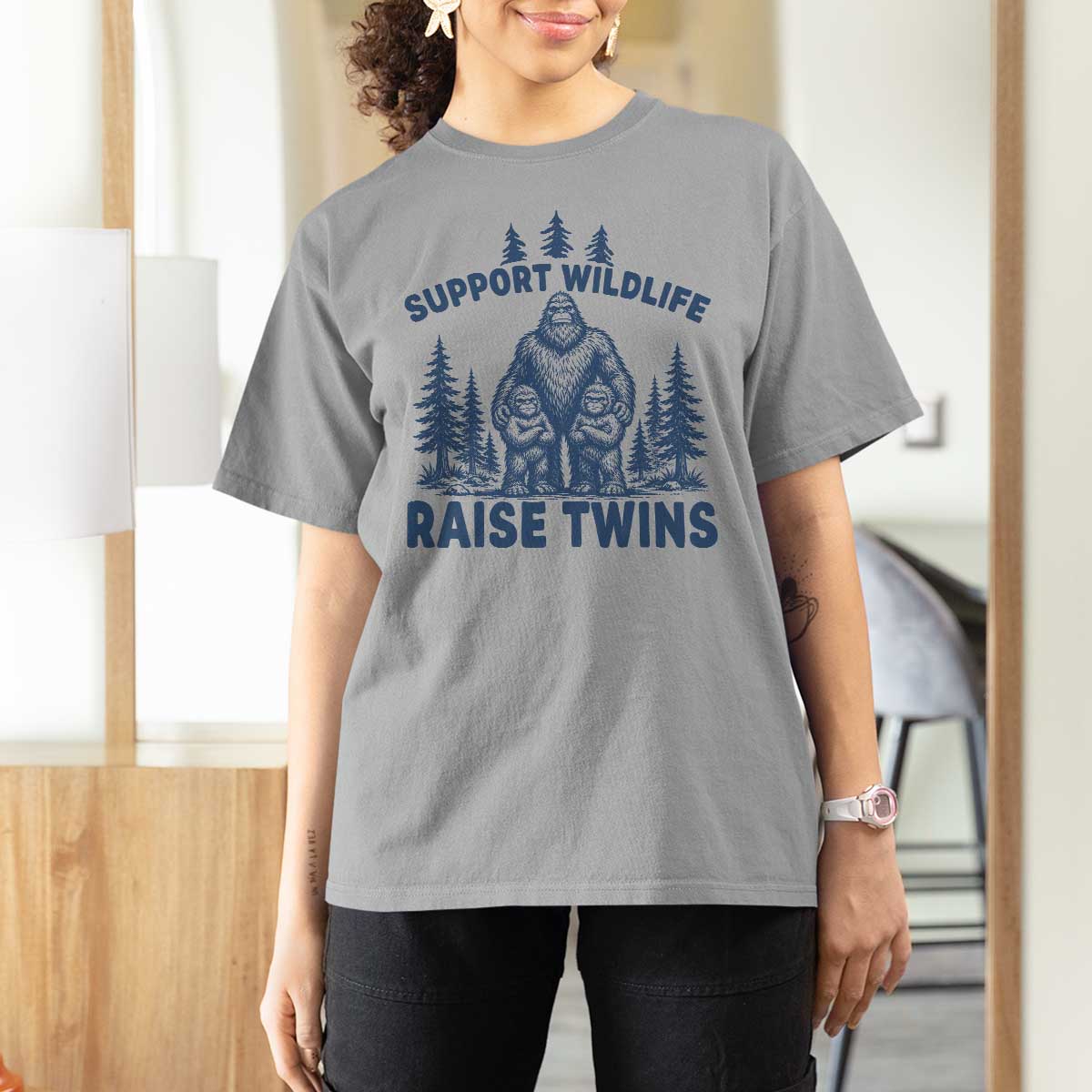 Support Wildlife Raise Twins T Shirt For Women Twin Dad Mom Parent Bigfoot Family