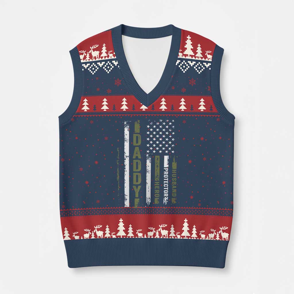 Daddy Husband Protector Hero V-Neck Knit Sweater Vest Fathers Day Vintage American Flag