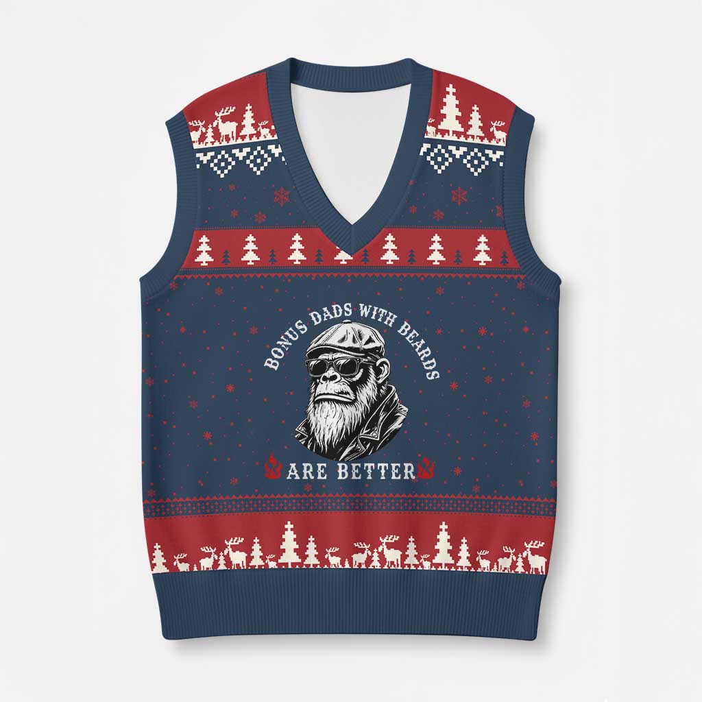 Bonus Dad Gifts V-Neck Knit Sweater Vest Retro Bigfoot Stepdad With Beards Are Better
