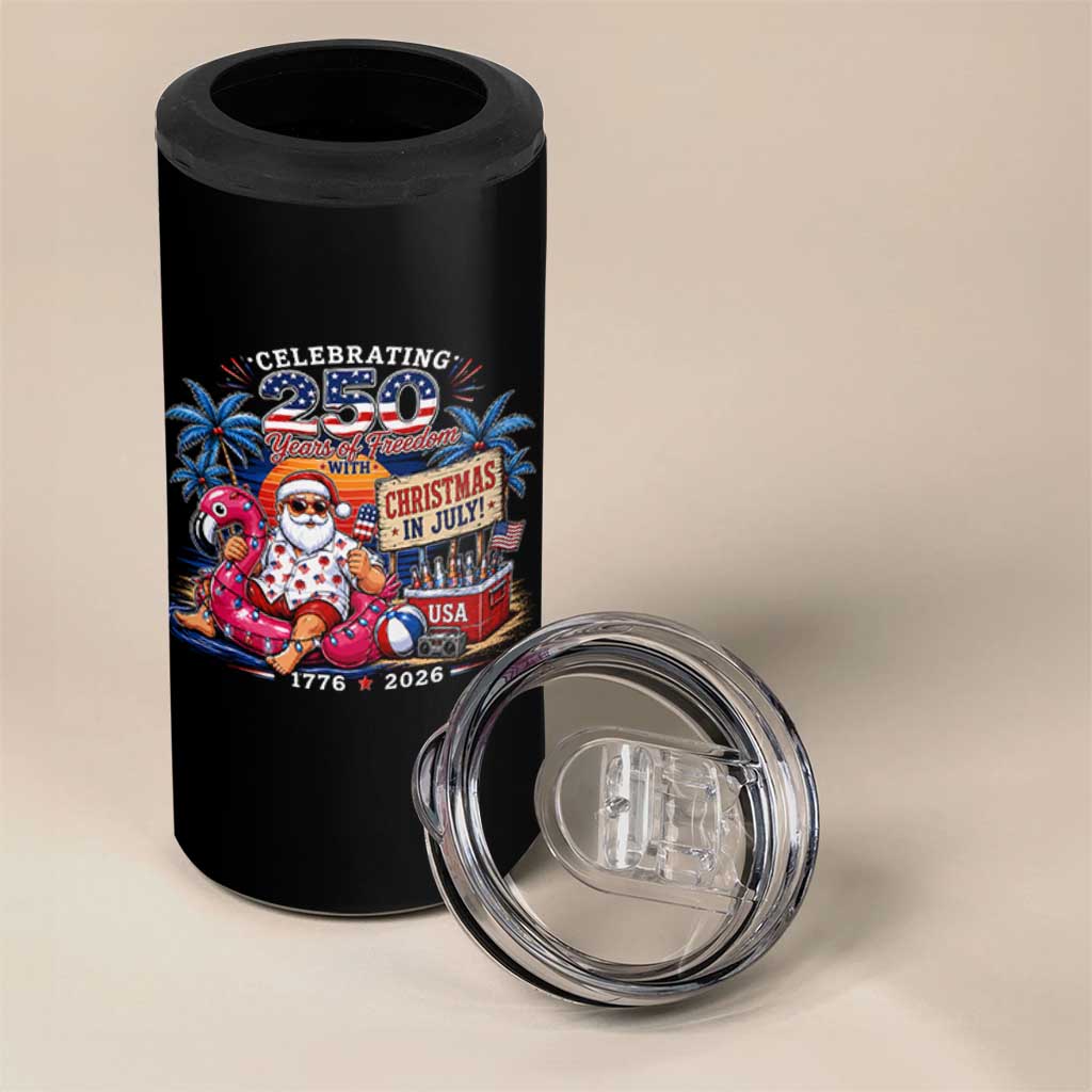 Christmas In July 250 Years 1776 2026 Patriotic Santa Flamingo Float Summer Xmas 4 in 1 Can Cooler Tumbler