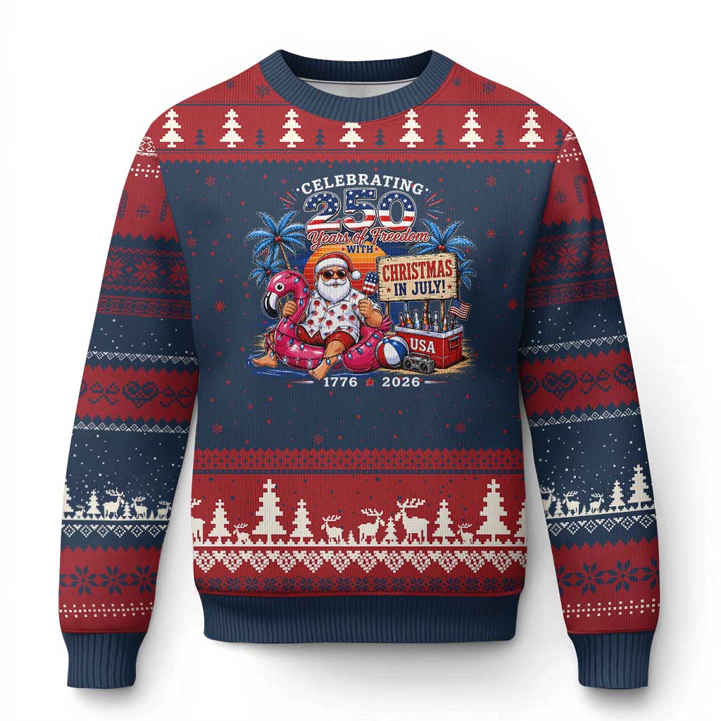 Christmas In July 250 Years 1776 2026 Patriotic Santa Flamingo Float Summer Xmas Ugly Christmas Sweater
