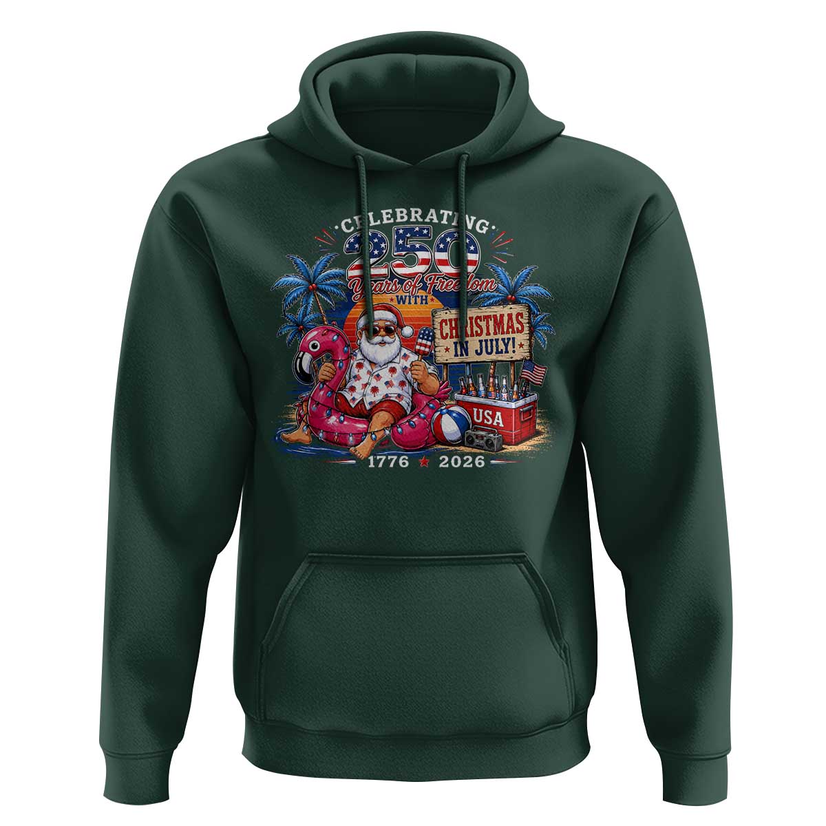 Christmas In July 250 Years 1776 2026 Patriotic Santa Flamingo Float Summer Xmas Hoodie