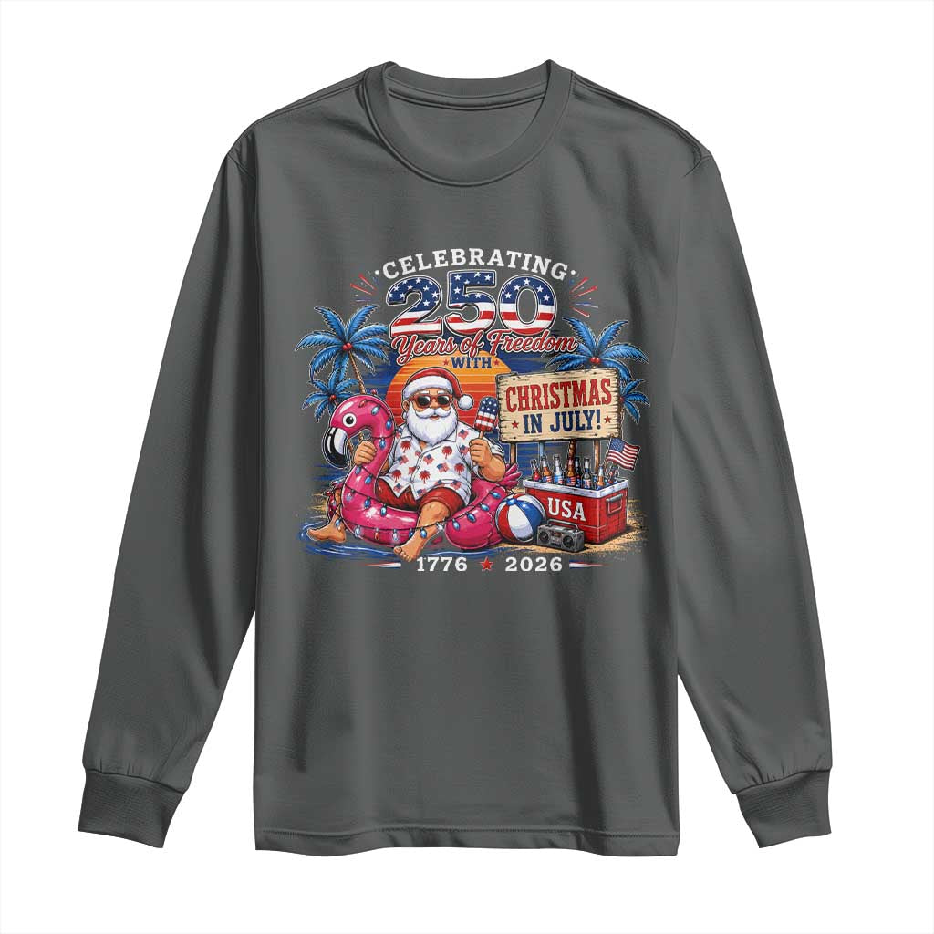 Christmas In July 250 Years 1776 2026 Patriotic Santa Flamingo Float Summer Xmas Long Sleeve Shirt