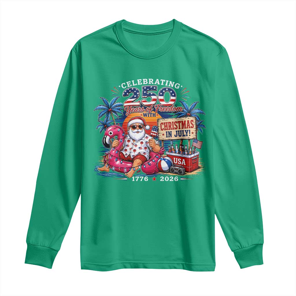 Christmas In July 250 Years 1776 2026 Patriotic Santa Flamingo Float Summer Xmas Long Sleeve Shirt