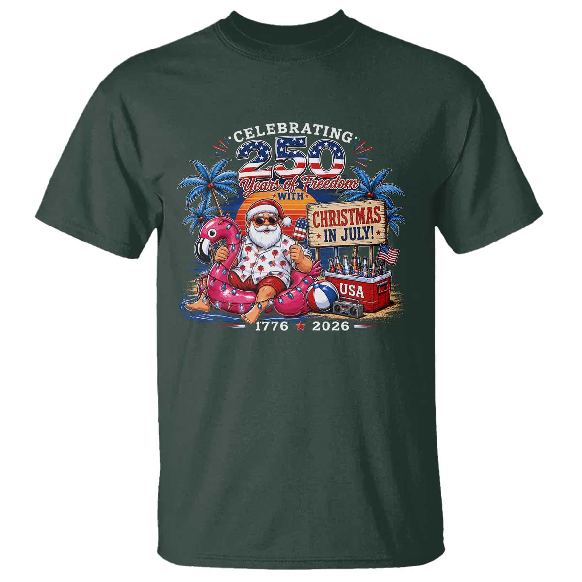 Christmas In July 250 Years 1776 2026 Patriotic Santa Flamingo Float Summer Xmas T Shirt