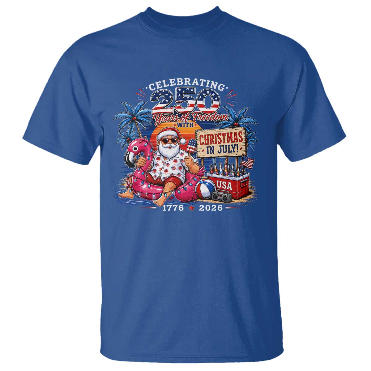 Christmas In July 250 Years 1776 2026 Patriotic Santa Flamingo Float Summer Xmas T Shirt