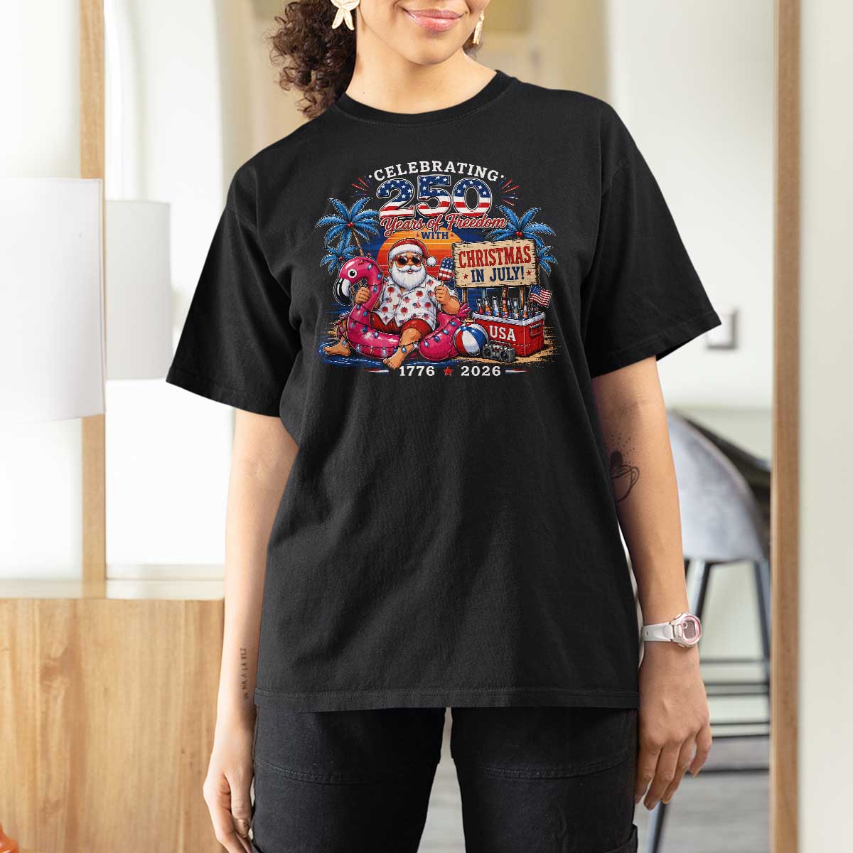 Christmas In July 250 Years 1776 2026 Patriotic Santa Flamingo Float Summer Xmas T Shirt For Women