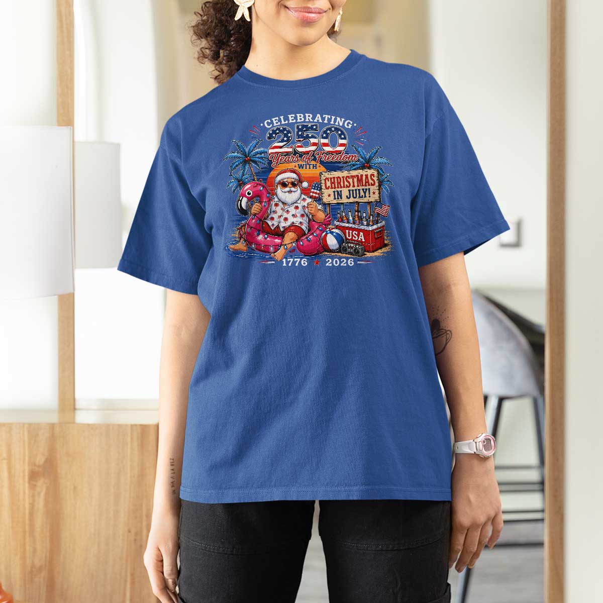 Christmas In July 250 Years 1776 2026 Patriotic Santa Flamingo Float Summer Xmas T Shirt For Women