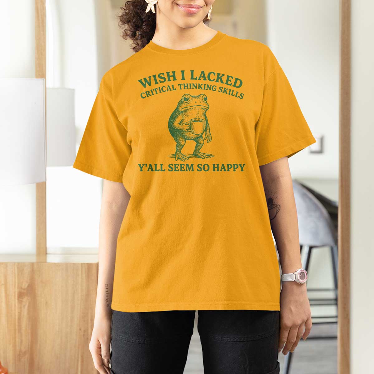 Sarcastic Overthinking Frog Coffee Meme T Shirt For Women Wish I Lacked Critical Thinking Skills Y'all Seem So Happy
