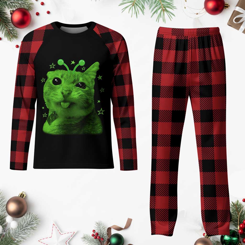Funny Alien Cat Meme Retro Y2K Vintage Space Kitty Plaid Pajama Set