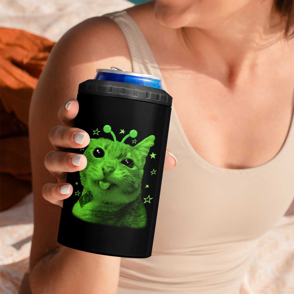 Funny Alien Cat Meme Retro Y2K Vintage Space Kitty 4 in 1 Can Cooler Tumbler