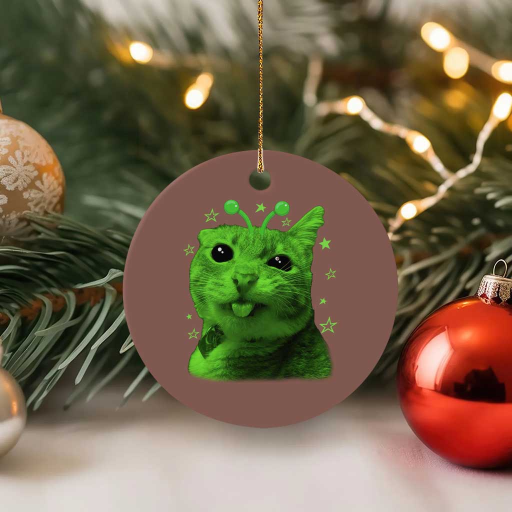 Funny Alien Cat Meme Retro Y2K Vintage Space Kitty Ceramic Ornament