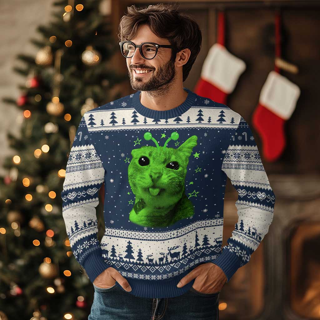 Funny Alien Cat Meme Retro Y2K Vintage Space Kitty Ugly Christmas Sweater