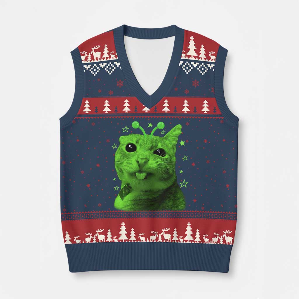 Funny Alien Cat Meme Retro Y2K Vintage Space Kitty V-Neck Knit Sweater Vest
