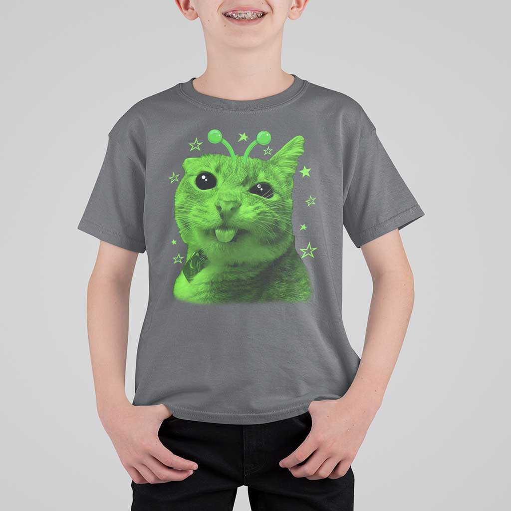 Funny Alien Cat Meme Retro Y2K Vintage Space Kitty T Shirt For Kid