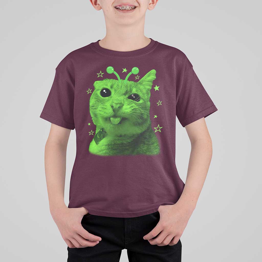 Funny Alien Cat Meme Retro Y2K Vintage Space Kitty T Shirt For Kid
