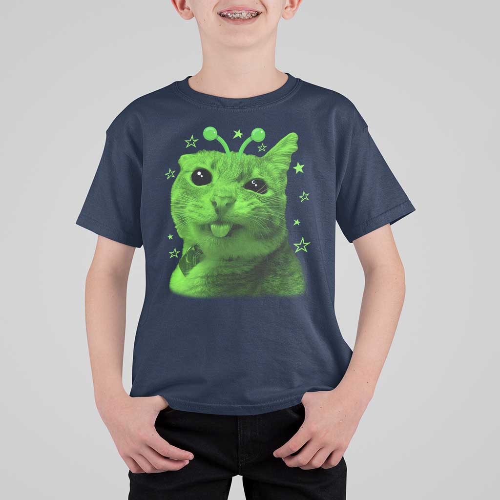 Funny Alien Cat Meme Retro Y2K Vintage Space Kitty T Shirt For Kid