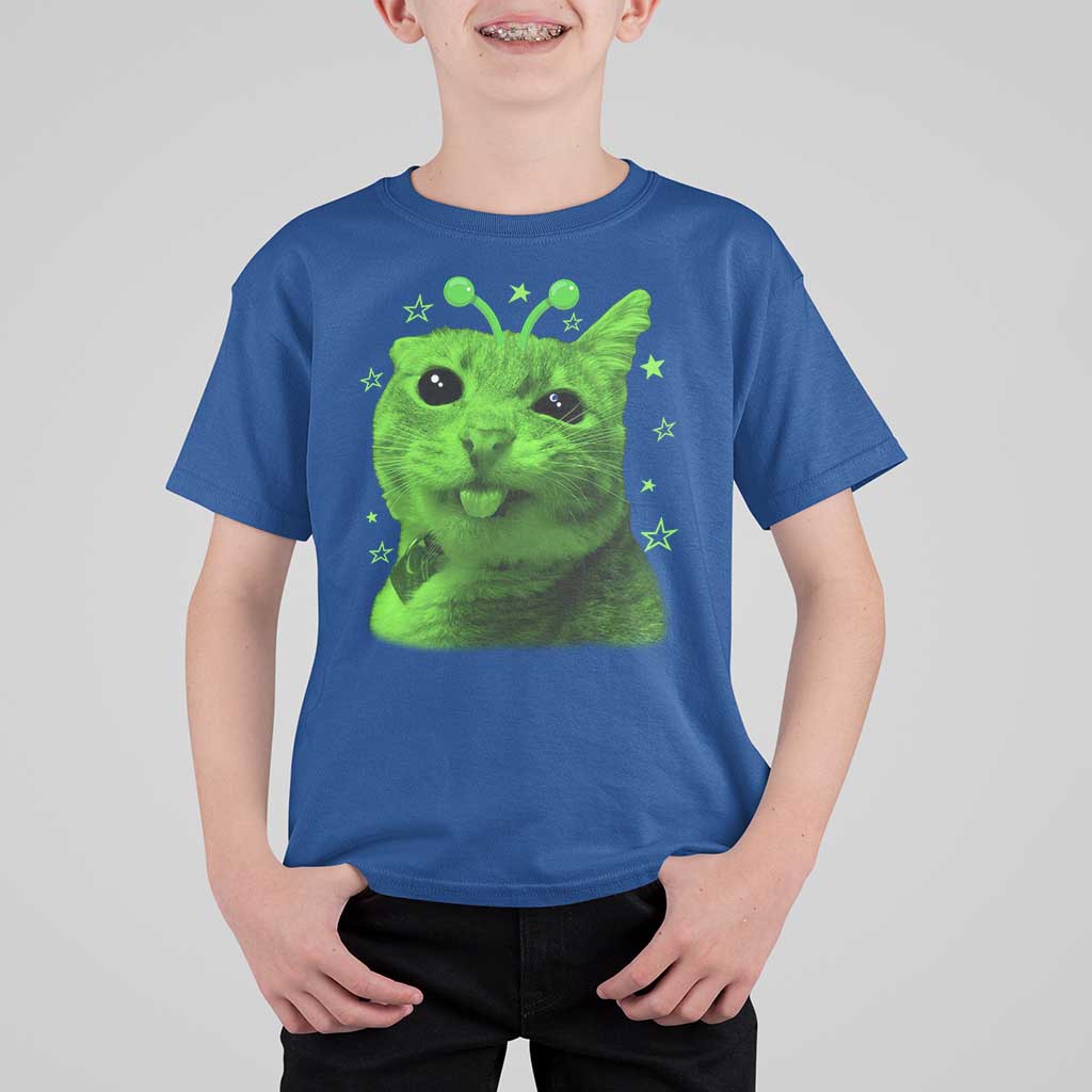 Funny Alien Cat Meme Retro Y2K Vintage Space Kitty T Shirt For Kid